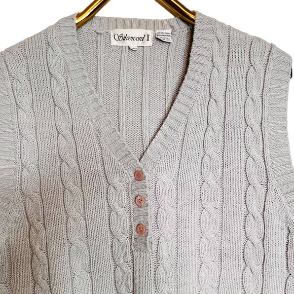 Vintage Size 22W Pale Gray Cable Knit Sweater Vest Pullover V Neck Buttons - Picture 6 of 6